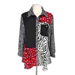 Caleoa Women Tunic Button Up Top Size L Multi-Color Animal Print Long SL 110P